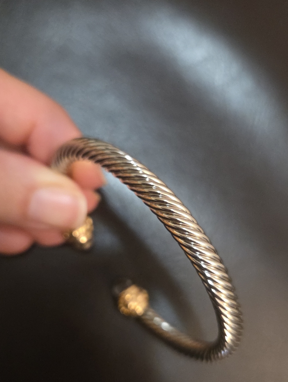 Gold Tone and Silver Tone Cable Cuff Bangle Rope Bracelet With Crystal Accents - Picture 6 of 8